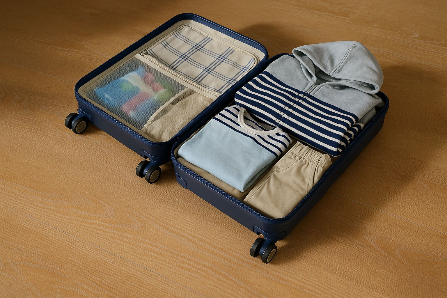 Flach ausgelegte Kinderkleidung und Accessoires für den Hotelurlaub, farblich sortiert.